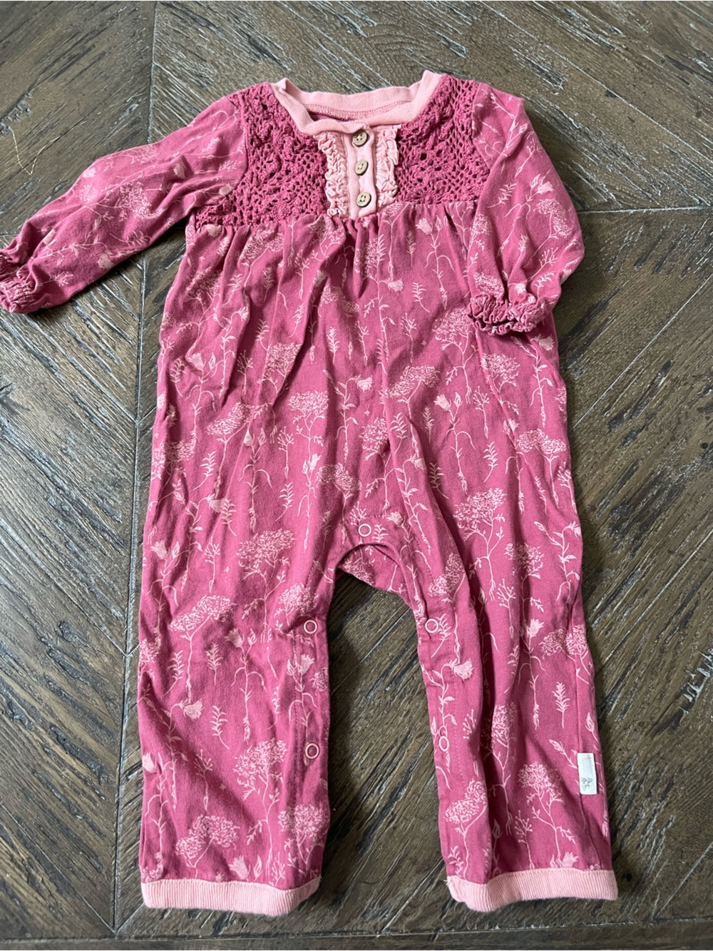 Burt's Bees Pink Floral Long-Sleeve Romper with Crochet Yoke